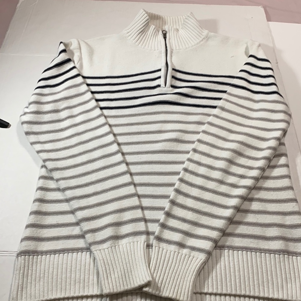 CARBON Quarter Zip Sweater Long Sleeves white with black and gray strips.